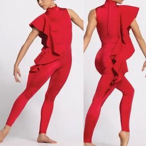 WEISSMAN Dance Costume red asymmetrical ruffl jumpsuit My Little Love 14436 XSA